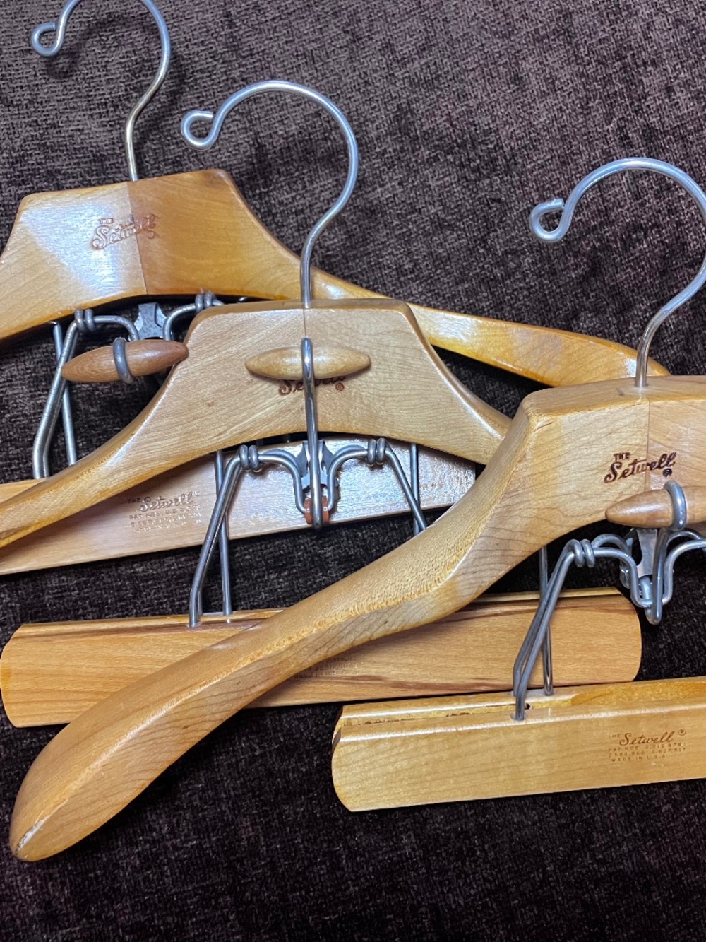 Three Setwell Larger Vintage Robust Wood Suit Hangers Made in the USA
